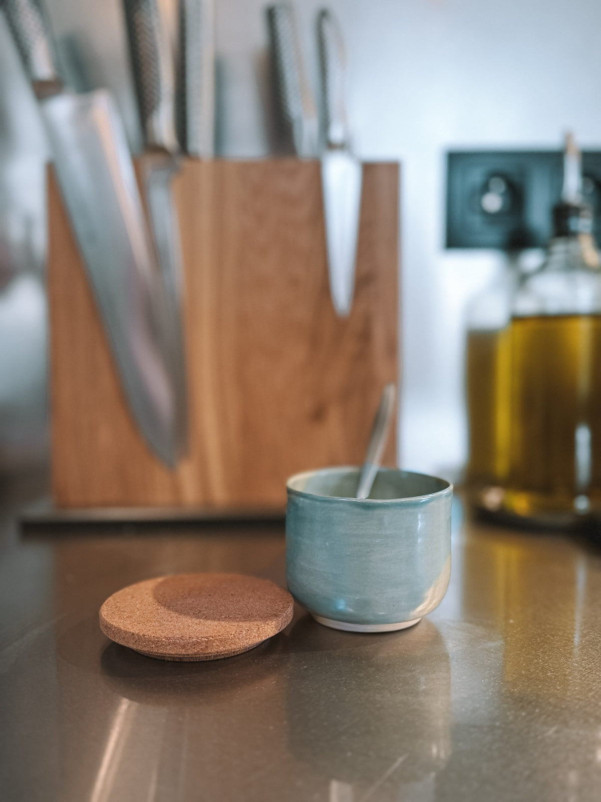 Ceramic salt holder cork lid lifestyle kitchen shot