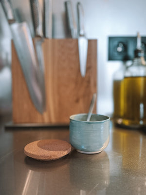 Ceramic salt holder cork lid lifestyle kitchen shot