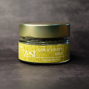 Garlic Lovers' Gold gourmet garlic spice blend in glass jar with ZEST label