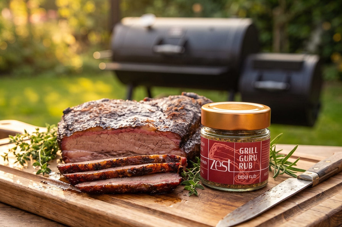 Grill Guru Rub jar beside a sliced smoked brisket with dark bark and smoke ring