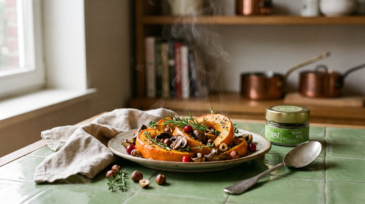 Roasted pumpkin and mushroom traybake with Nordic Wild
