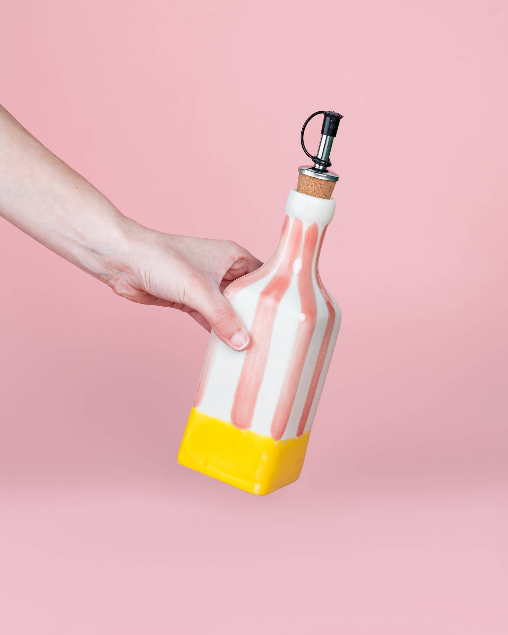 Handcrafted ceramic oil dispenser 475ml yellow pink