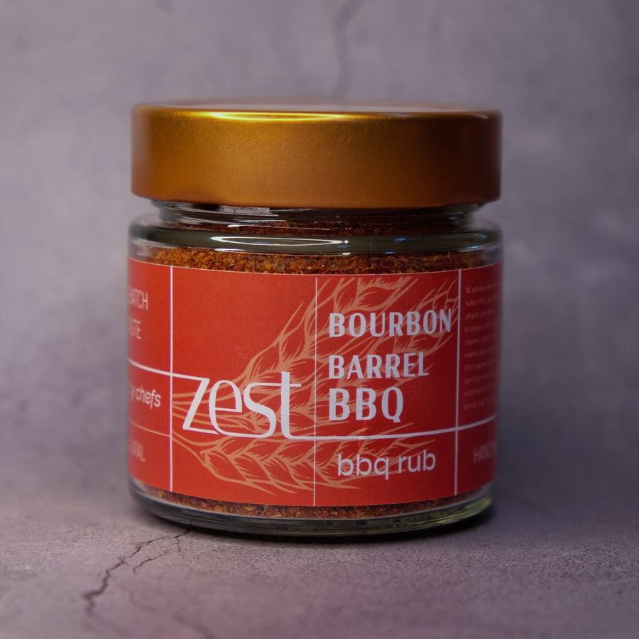 Bourbon Barrel BBQ rub smoky southern spice in glass jar with ZEST label