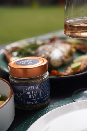 Catch Of The Day fish and seafood rub in glass jar with ZEST label