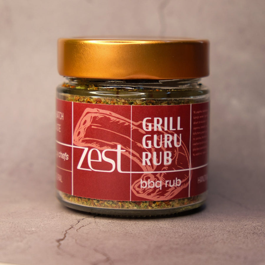 Grill Guru Rub all-purpose BBQ spice blend in glass jar with ZEST label