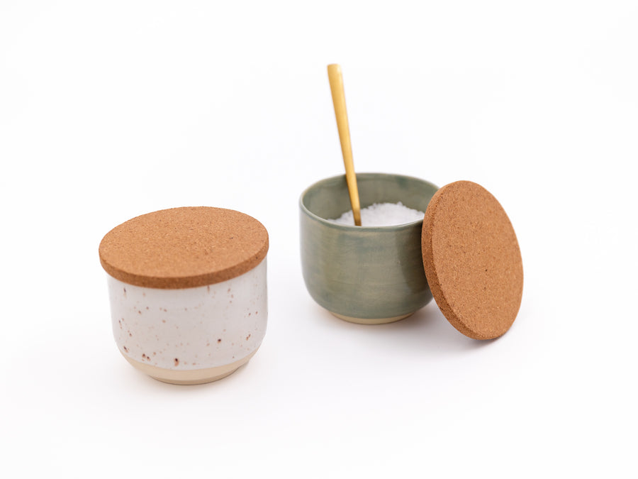 Handmade ceramic spice holder with wooden spoon