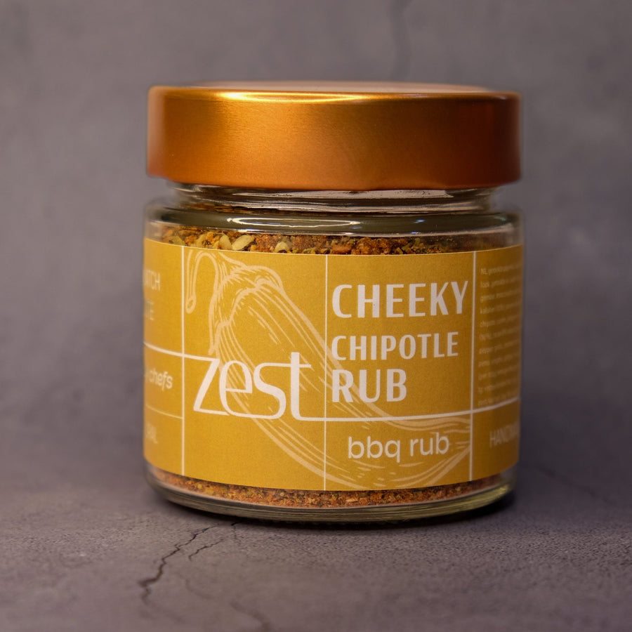 Cheeky Chipotle Rub smoky Mexican BBQ spice in glass jar with ZEST label