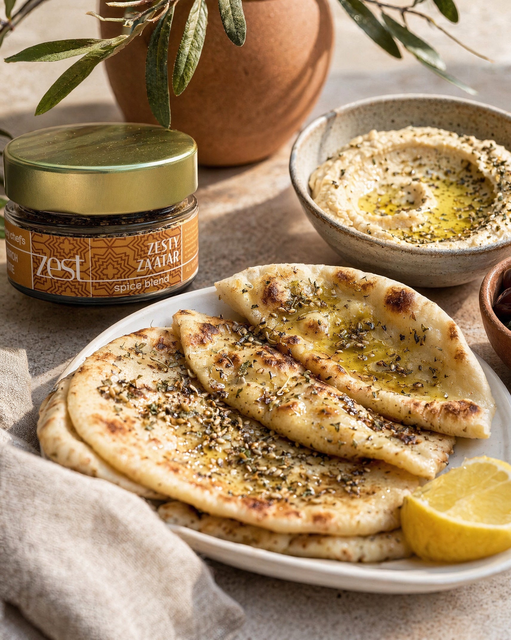 A jar of Zesty Za'atar spice blend is shown with a plate of za'atar-dusted flatbread, a bowl of hummus drizzled with olive oil, and a lemon wedge on a light-colored surface.