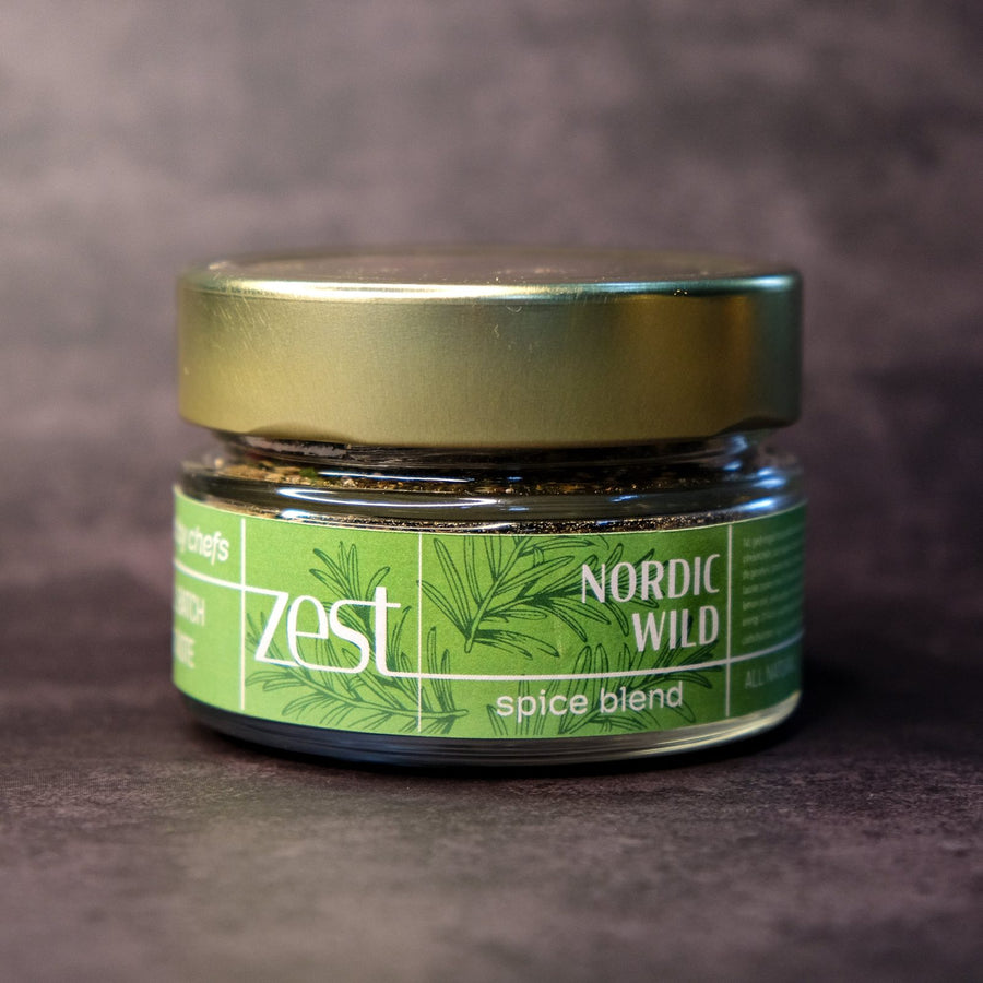 Nordic Wild Scandinavian spice blend in glass jar with ZEST label